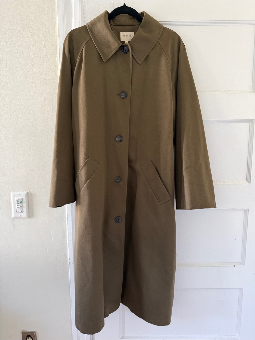 Sezane Olive Green Single-Breasted Trench Coat